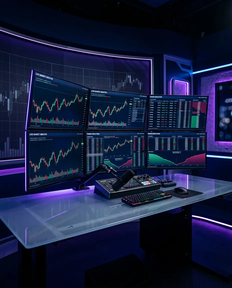 Live Trading Room dual monitor broadcast feed with institutional charts and real-time execution