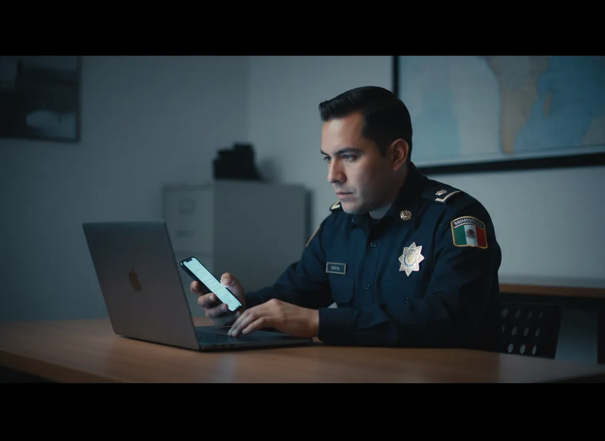 Policía mexicano estudiando en laptop y celular