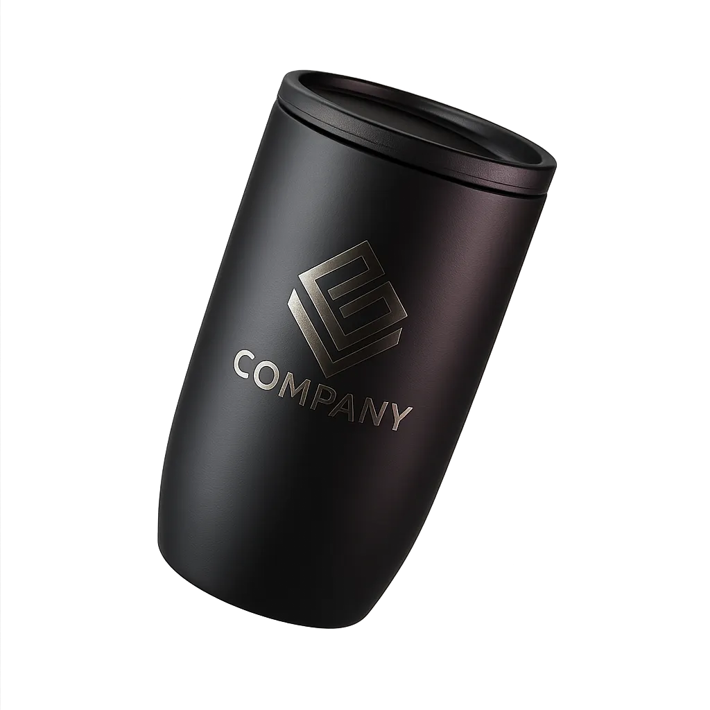 Termo negro mate premium con grabado láser flotando