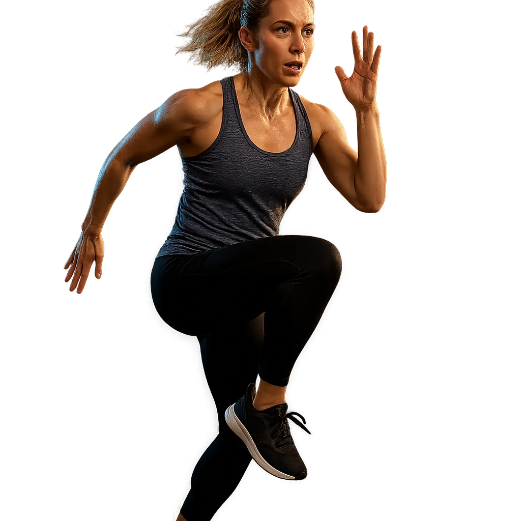 Fit instructor mid-action demonstrating a HIIT movement