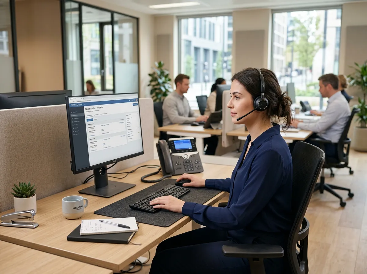 Office coordinator handling inbound calls and scheduling in a home-service office