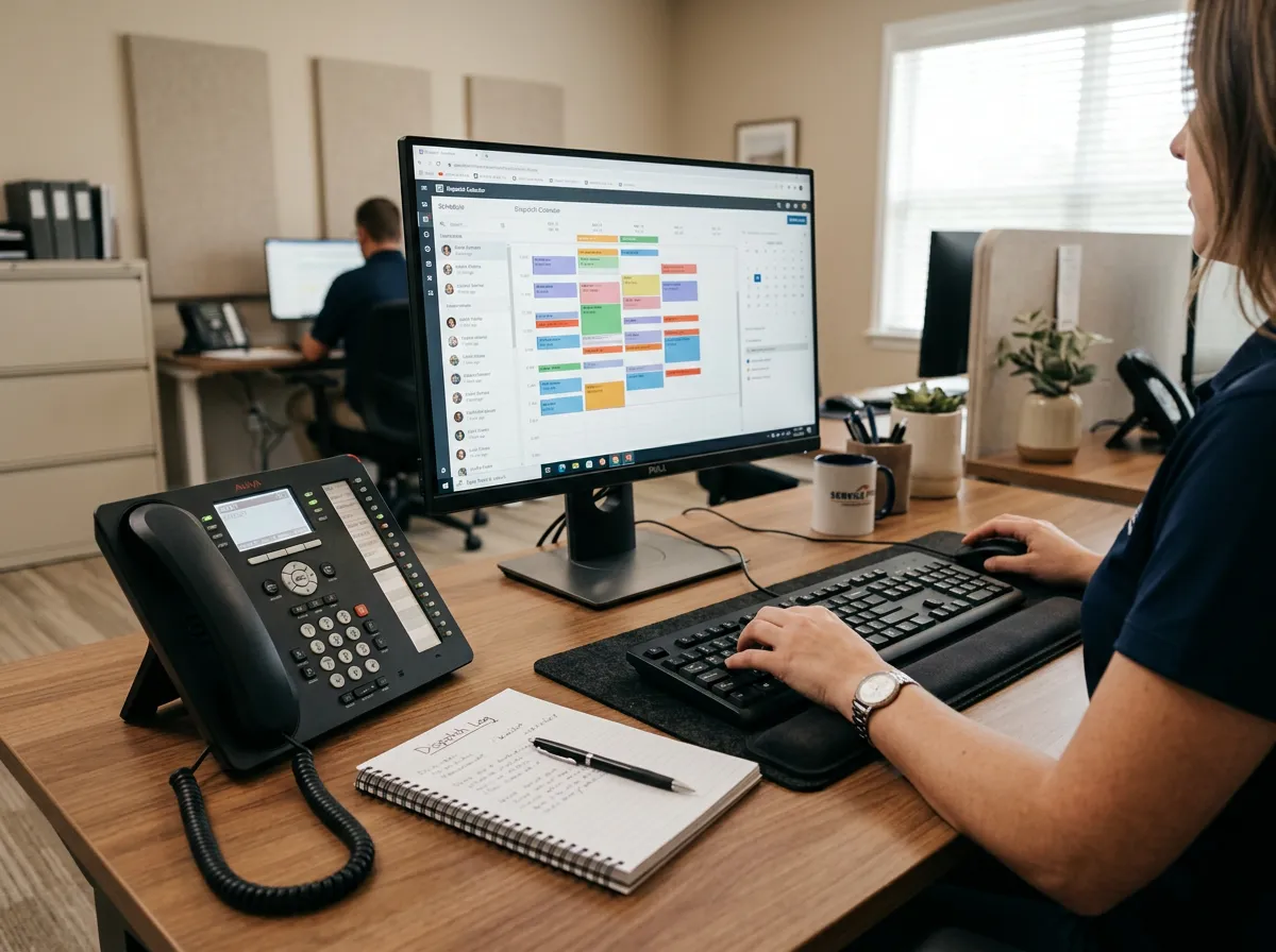 Clean dispatcher workstation with phone and scheduling screen in a home-service office
