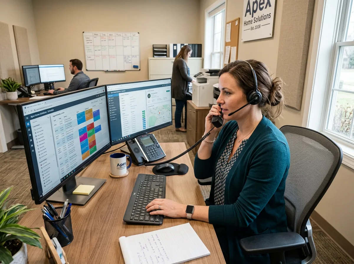 Professional home-service dispatcher in a modern office answering a phone call