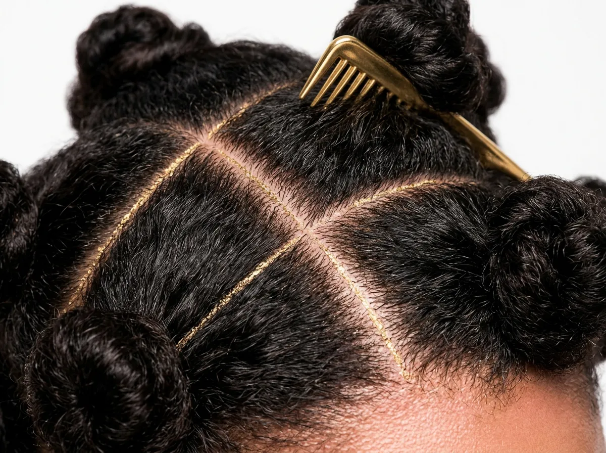 Editorial close-up of precise hair sectioning and scalp mapping on natural hair