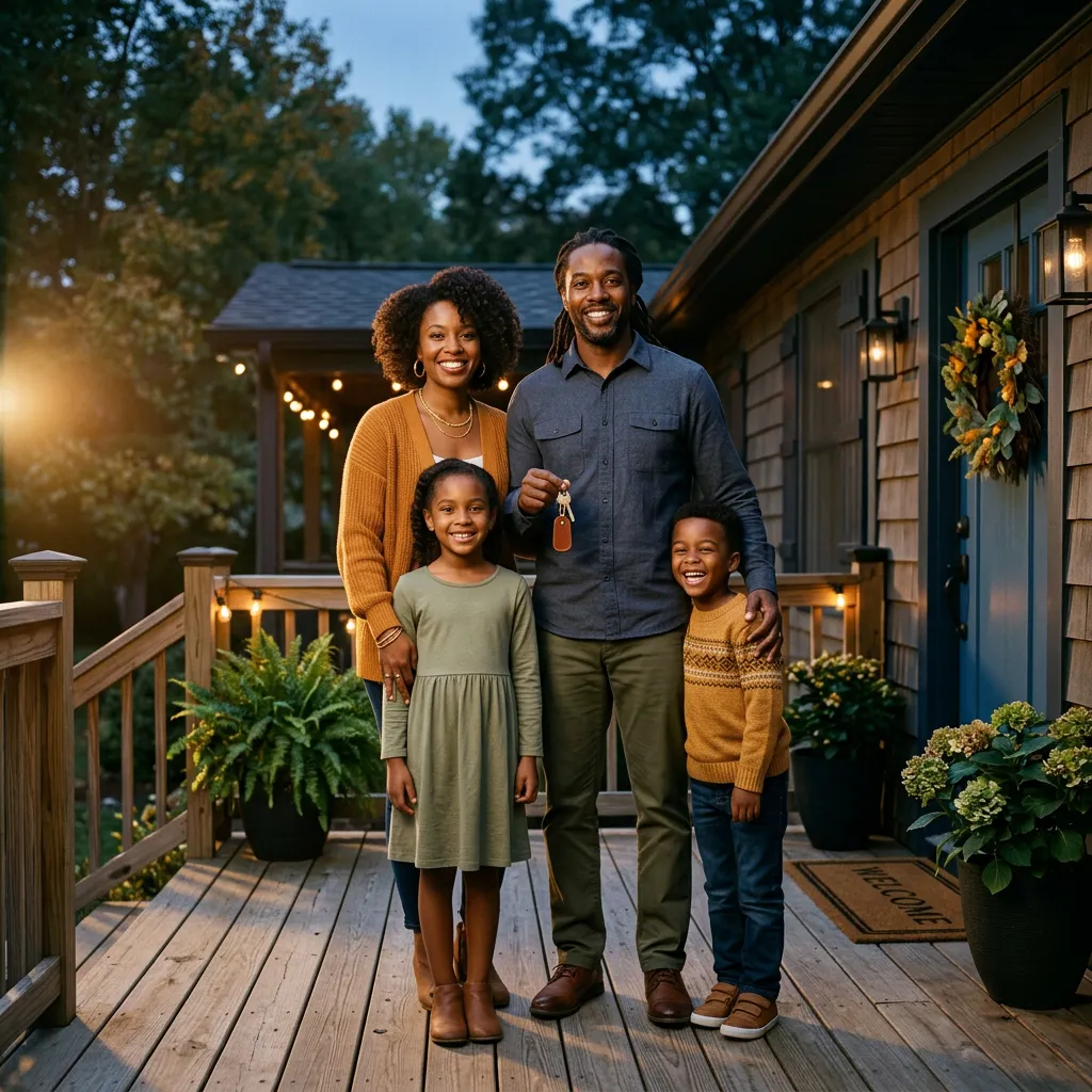 Smiling Black family standing proudly on front porch of newly approved dream home
