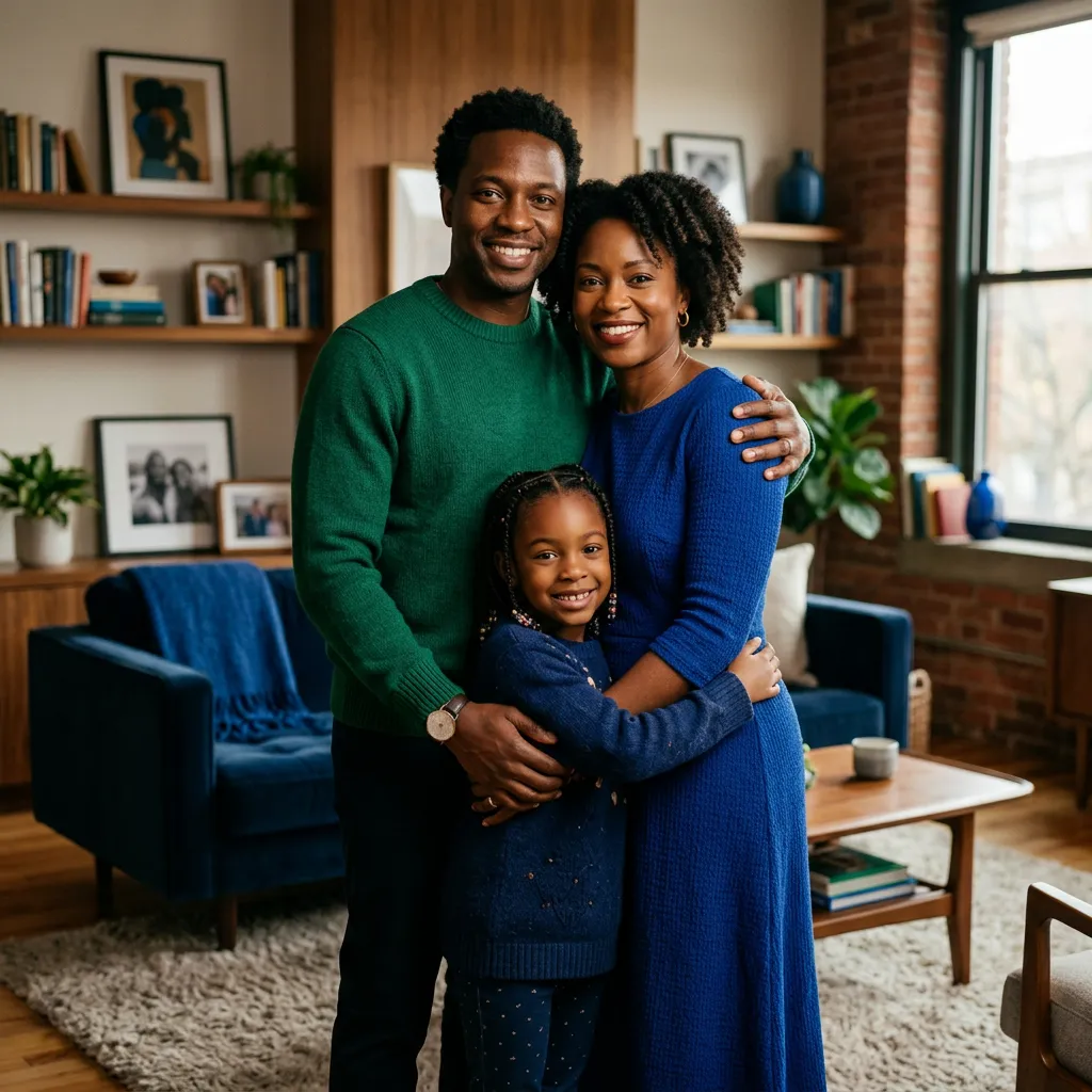 African American family smiling warmly together in their comfortable modern home, representing generational wealth and financial security