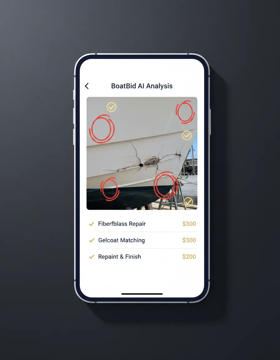 BoatBid AI interface analyzing marine damage