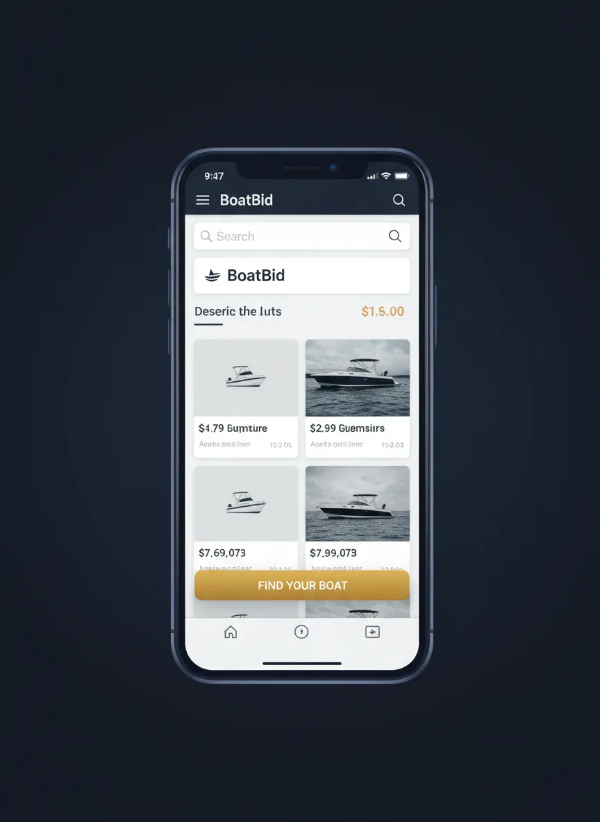 BoatBid mobile app interface phone mockup