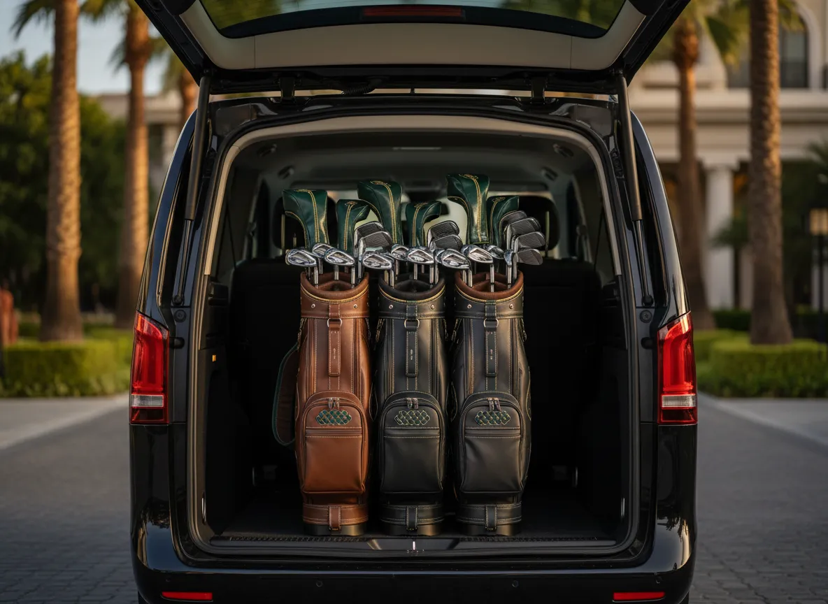 Black Mercedes V-Class boot securely packed with premium golf clubs