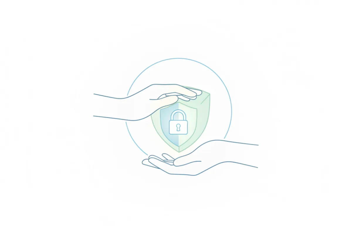 A minimalist illustration of two hands exchanging a secure digital file, with shield and lock icons in the background. The scene is set against a clean white backdrop, emphasizing trust and careful data handling.