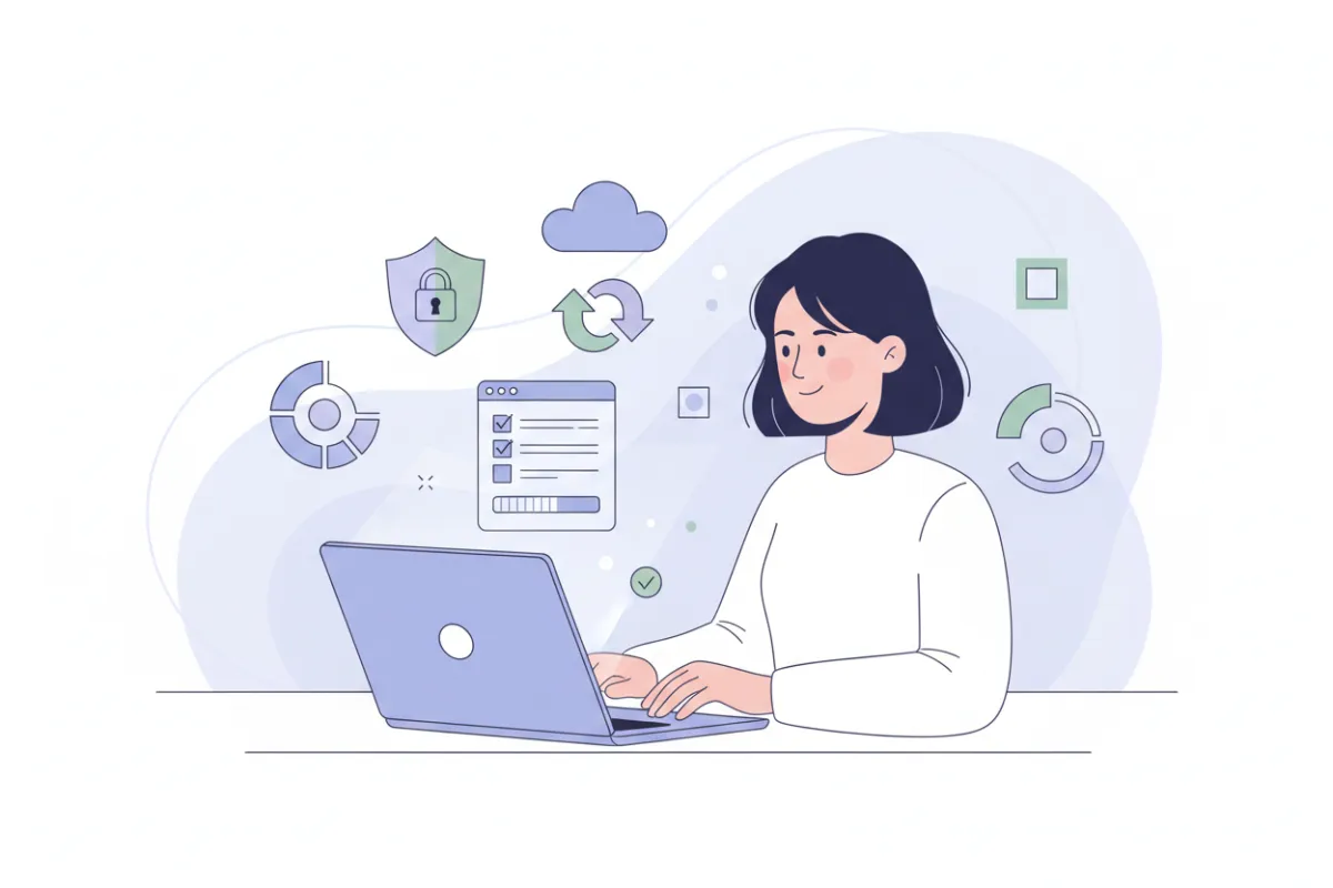 A modern vector illustration showing a young woman filling out a secure digital form on a laptop. Abstract icons representing data points float around her, and the background is a soft white with subtle blue and purple accents, conveying a sense of safety and clarity.