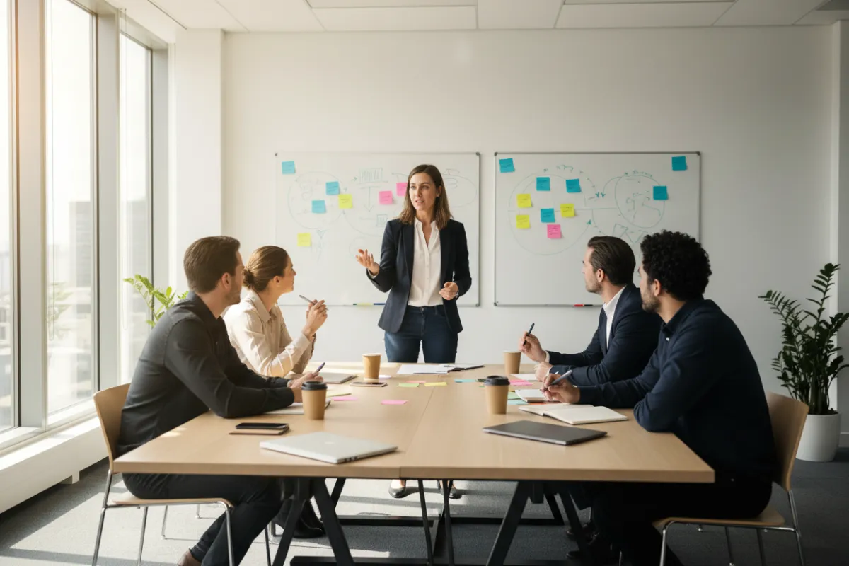 A female coach leading a small group workshop in a modern, sunlit conference room, highlighting collaboration and empowerment.