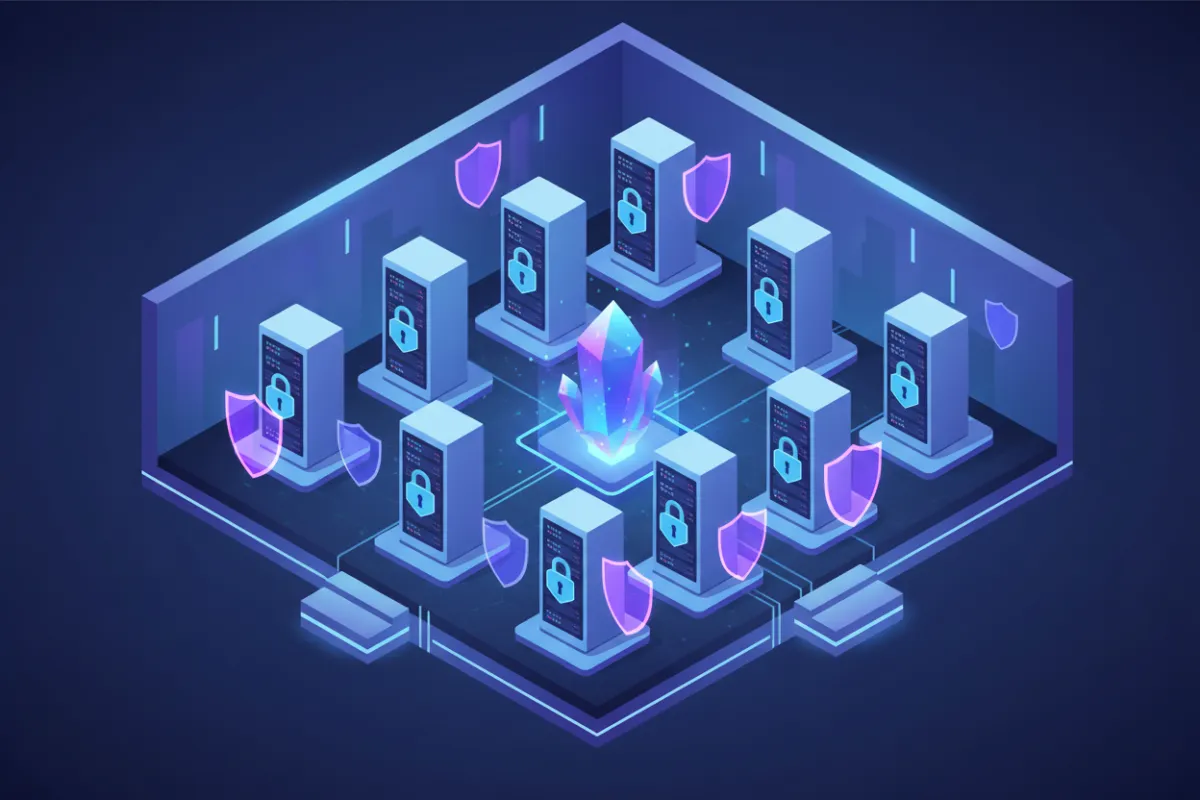 Isometric vector illustration of a secure server room with glowing locks and shield symbols, cool-toned with blue and purple highlights, representing robust digital security and vigilance.