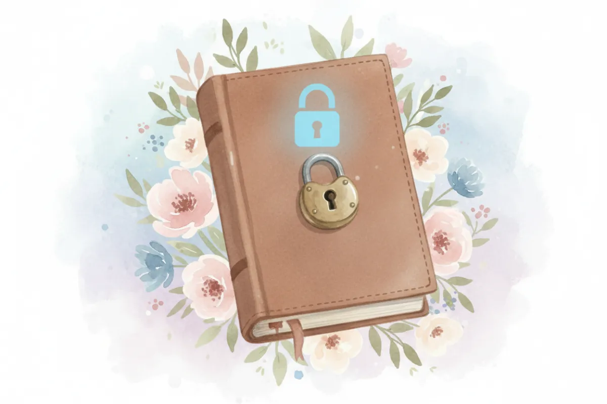 A soft watercolor painting of a closed journal with a lock, surrounded by gentle floral motifs and a subtle digital padlock icon. The scene evokes a sense of confidentiality, care, and the safeguarding of personal information, tailored to a coaching and consulting audience.