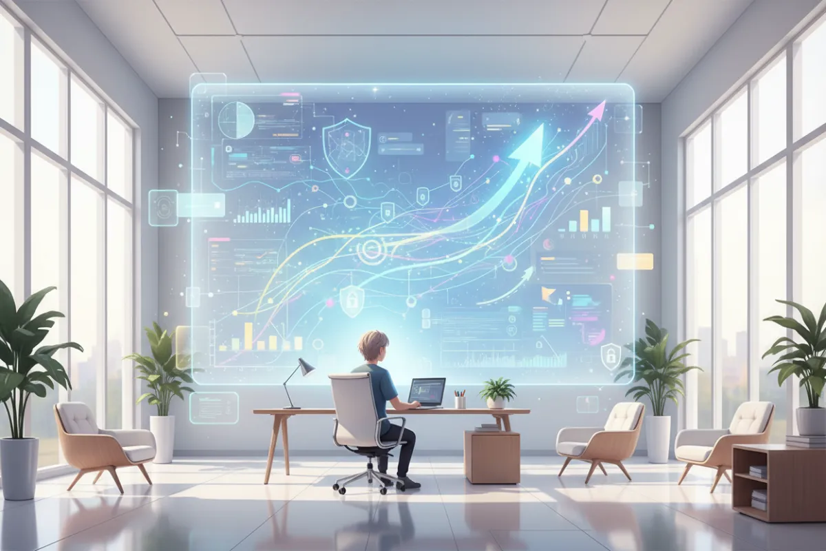 A digital painting of a young person analyzing colorful charts and graphs on a large digital screen. Growth and privacy icons are subtly integrated, and the setting is a bright, open office with natural light, symbolizing transparency and progress.