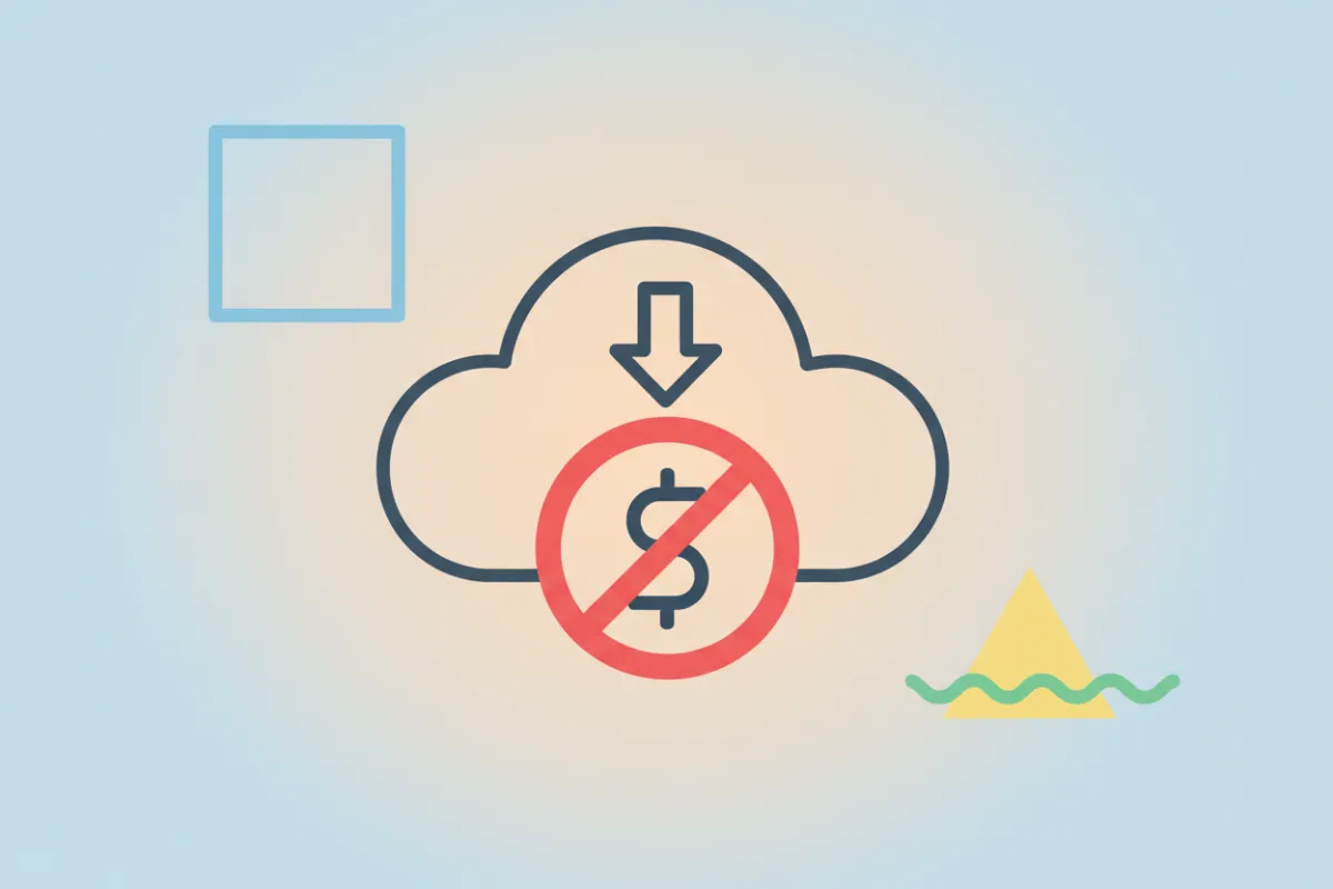 A flat color illustration of a digital product icon with a clear 'no refund' badge overlay. The background is a soft gradient, and the icon is surrounded by abstract shapes, conveying clarity and straightforwardness.