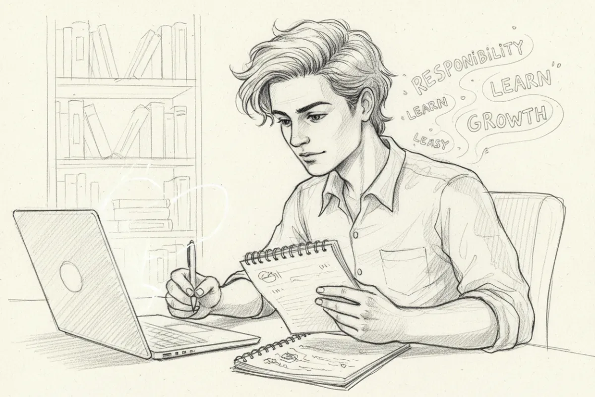 A hand-drawn sketch of a young entrepreneur attentively taking notes during a virtual coaching session, with a laptop open and a notepad in hand. The background includes subtle outlines of motivational quotes and a bookshelf, emphasizing responsibility, learning, and personal growth.