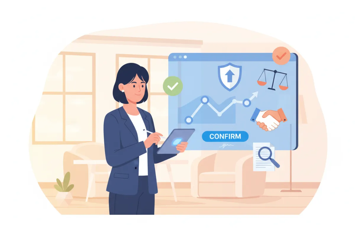 A confident young woman signing a digital agreement on a tablet, with abstract legal icons and checkmarks floating in the background. Minimal office, warm lighting, symbolizing trust and clarity.