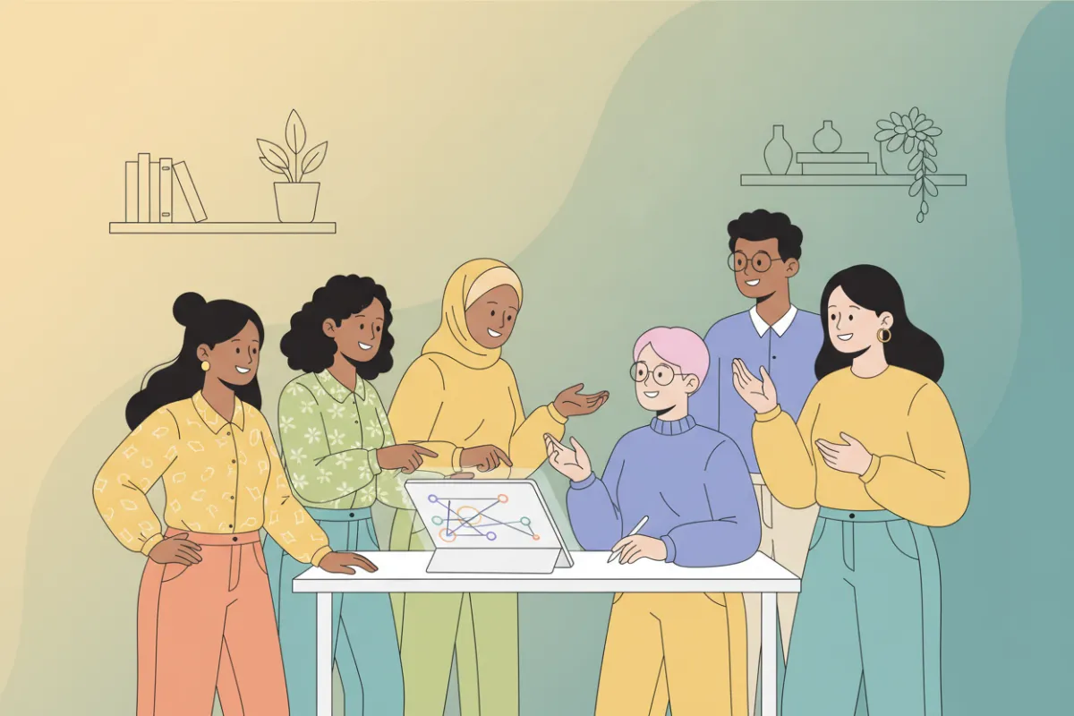 A vibrant flat illustration of a diverse group of women and young adults gathered around a digital tablet, set in a bright, modern workspace. The background features soft gradients in yellow and teal, symbolizing optimism and trust. The group is engaged in a collaborative discussion, reflecting empowerment and inclusivity.