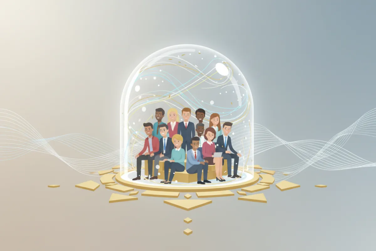 A conceptual illustration of a protective shield encircling a group of diverse clients, with abstract lines representing boundaries and legal protection. The background is soft and neutral, symbolizing security, trust, and the defined limits of liability in professional services.