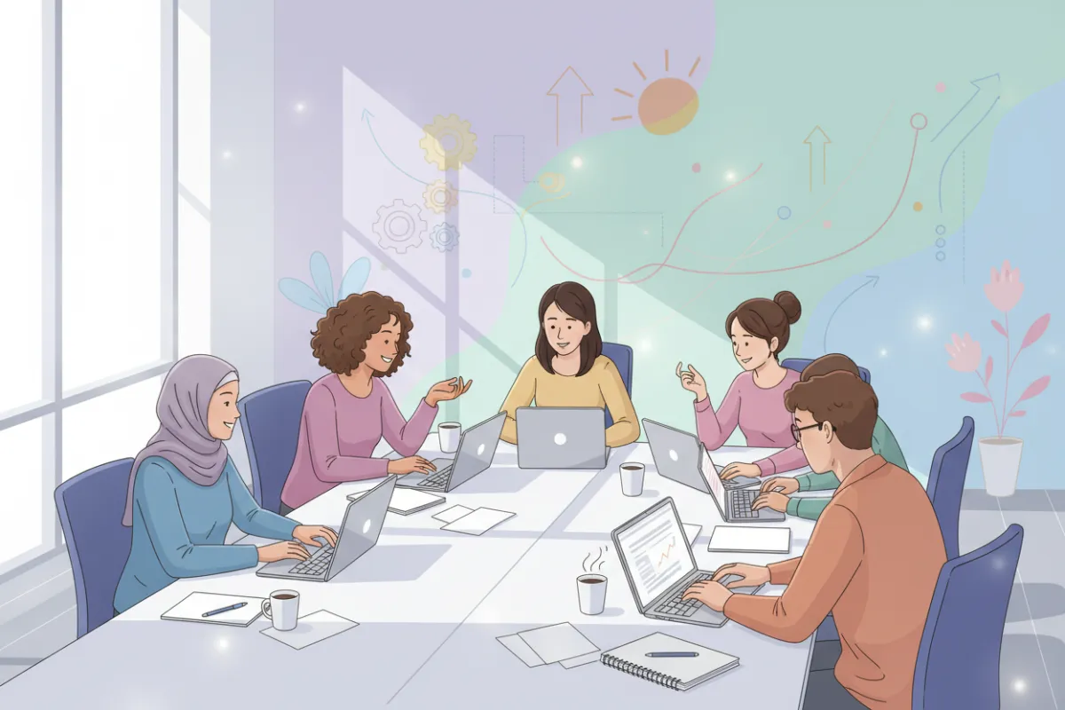 A vibrant digital illustration of a diverse group of women and young adults gathered around a table, collaborating with laptops and notebooks in a bright, modern workspace. The background features soft pastel tones and motivational wall art, conveying a sense of empowerment, inclusivity, and creative energy unique to coaching environments.