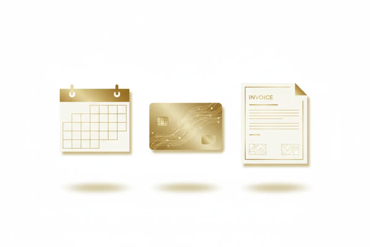 A minimalist digital collage featuring a calendar, credit card, and invoice document arranged on a clean white background. Subtle gold accents and a soft shadow effect convey professionalism, clarity, and the importance of understanding financial commitments in a consulting context.