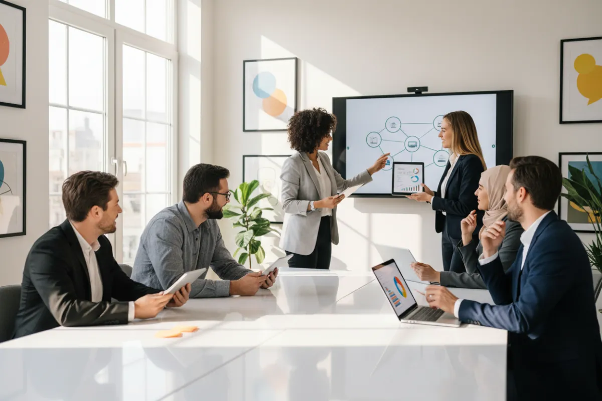A diverse group of adults in a modern, sunlit office, gathered around a table with digital devices, engaged in a collaborative coaching session. The setting is bright, professional, and welcoming, with a focus on positive interaction and digital tools.
