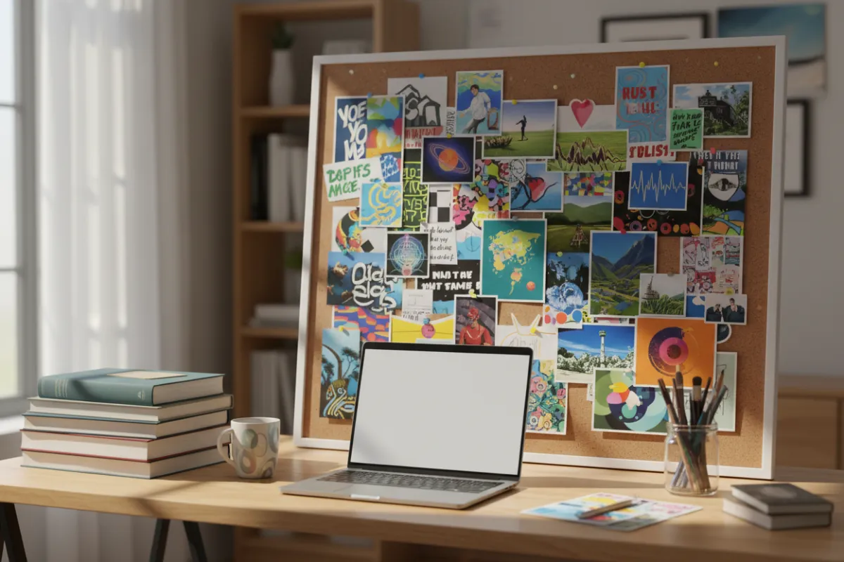 A creative workspace with a vision board covered in colorful images and scientific diagrams, surrounded by books on neuroscience and quantum theory.