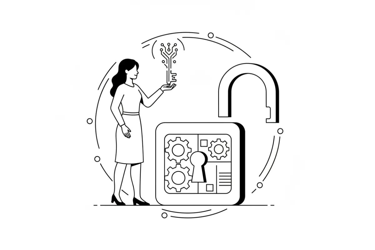 A line art illustration of a woman holding a digital key, standing beside a large open lock, symbolizing empowerment and user control over personal data.