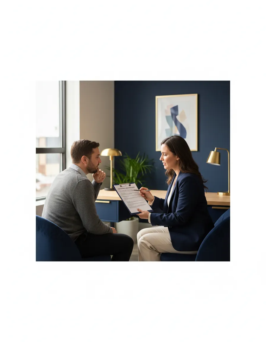 A professional social worker reviewing housing-readiness criteria during a shared housing planning conversation.