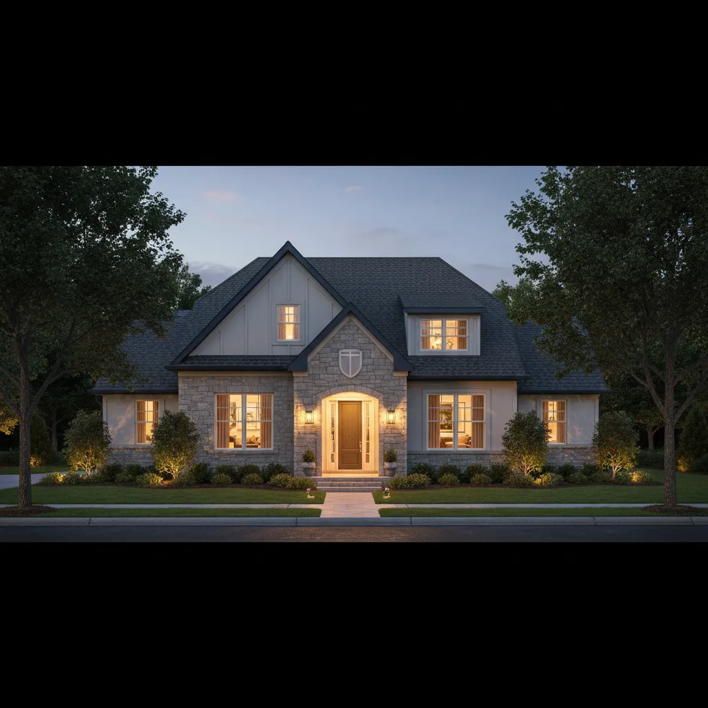 Realistic PPS-branded home with warm interior lighting and an open front door