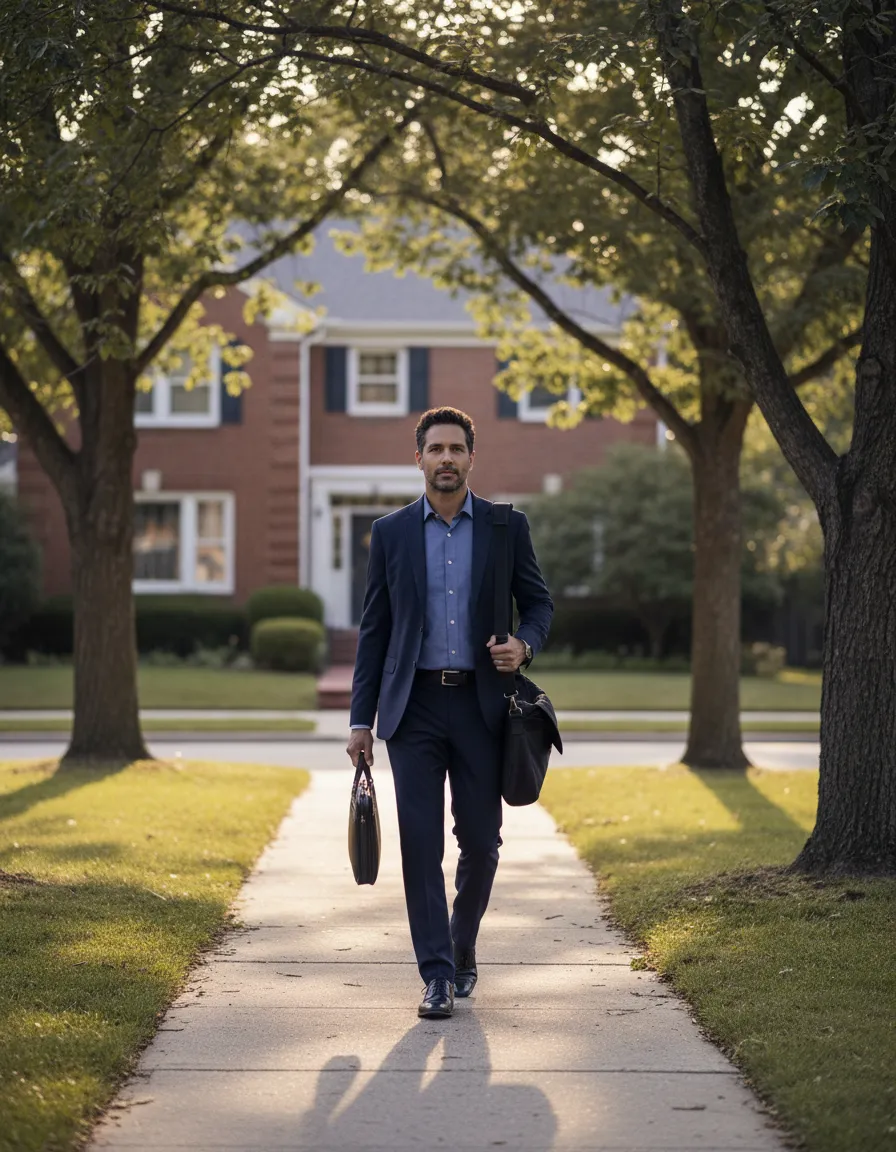 An independent adult walking confidently outside a residential home