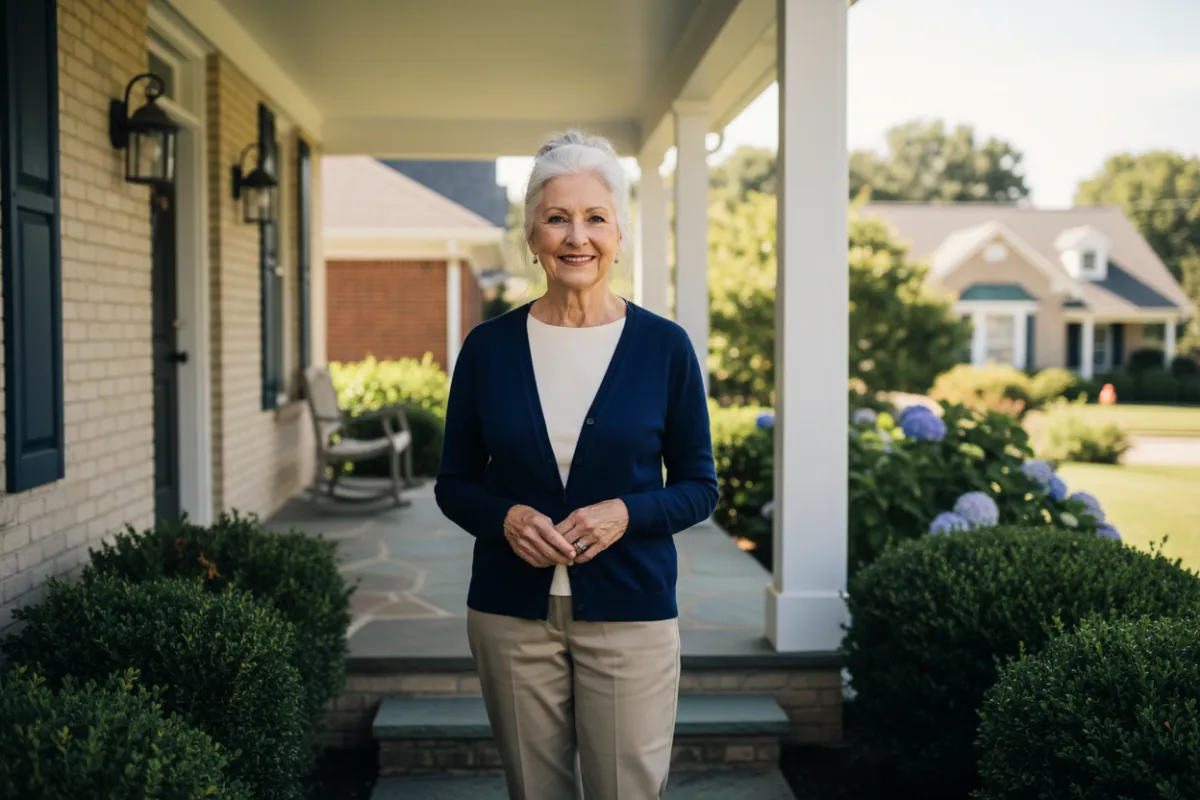 A confident senior standing outside a well-maintained home