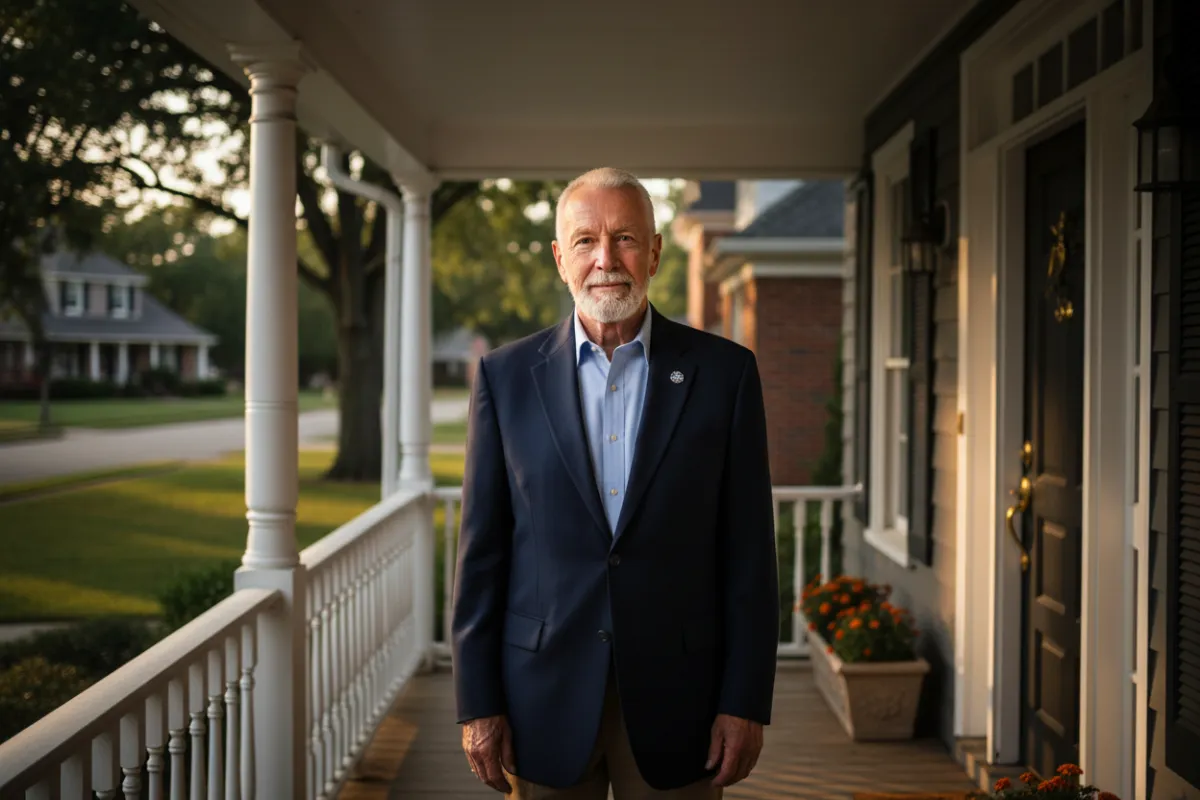 A veteran standing confidently in a residential setting