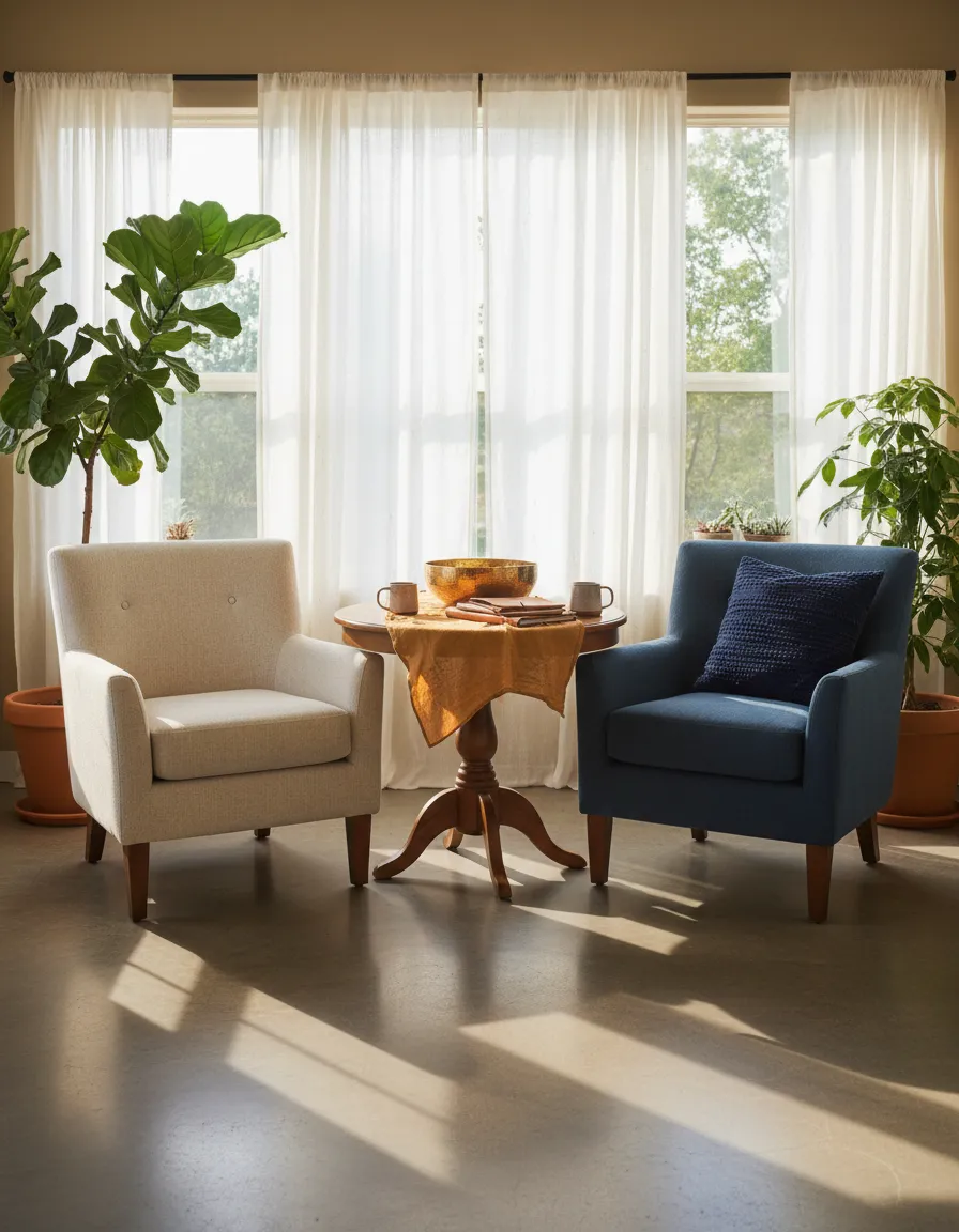 Residents communicating calmly in a shared dining space