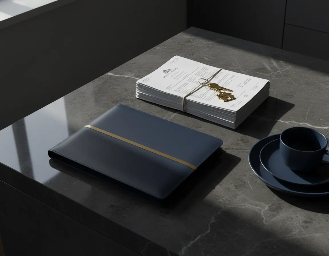 Professional property document resting on a clean counter