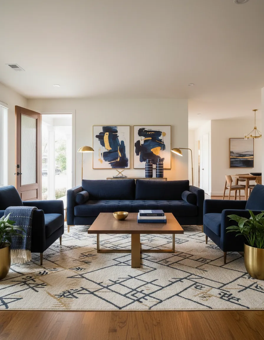 A bright, organized residential living room with an open door