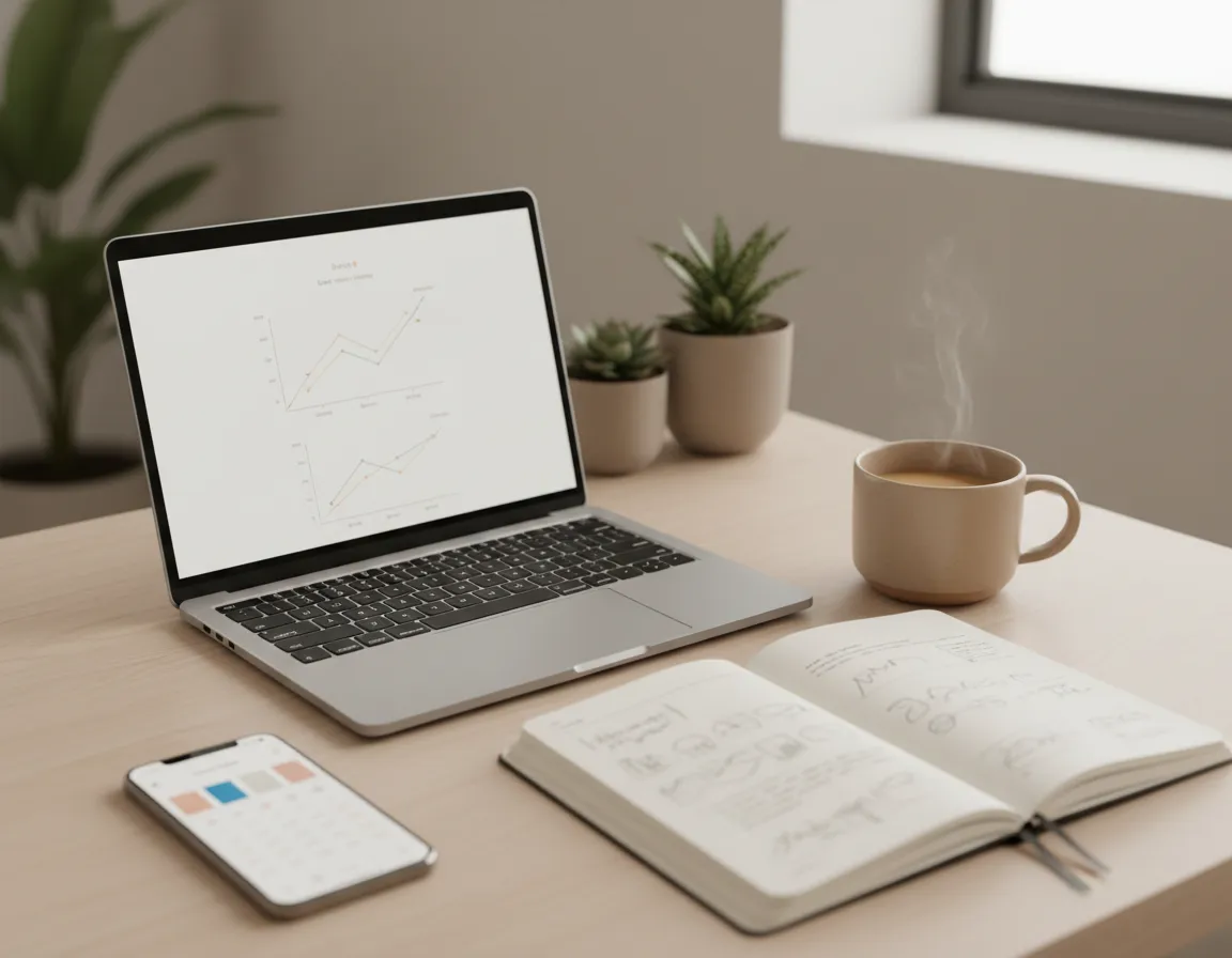Modern workspace with laptop and notebook representing online bookkeeping services