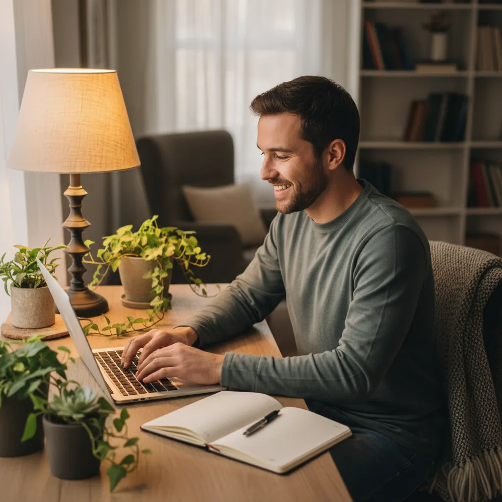 A friendly man in his late 20s, seated at a desk with a laptop and notepad, smiling as he types a message. The workspace is cozy with plants and soft lighting, creating a welcoming and approachable atmosphere for inquiries.