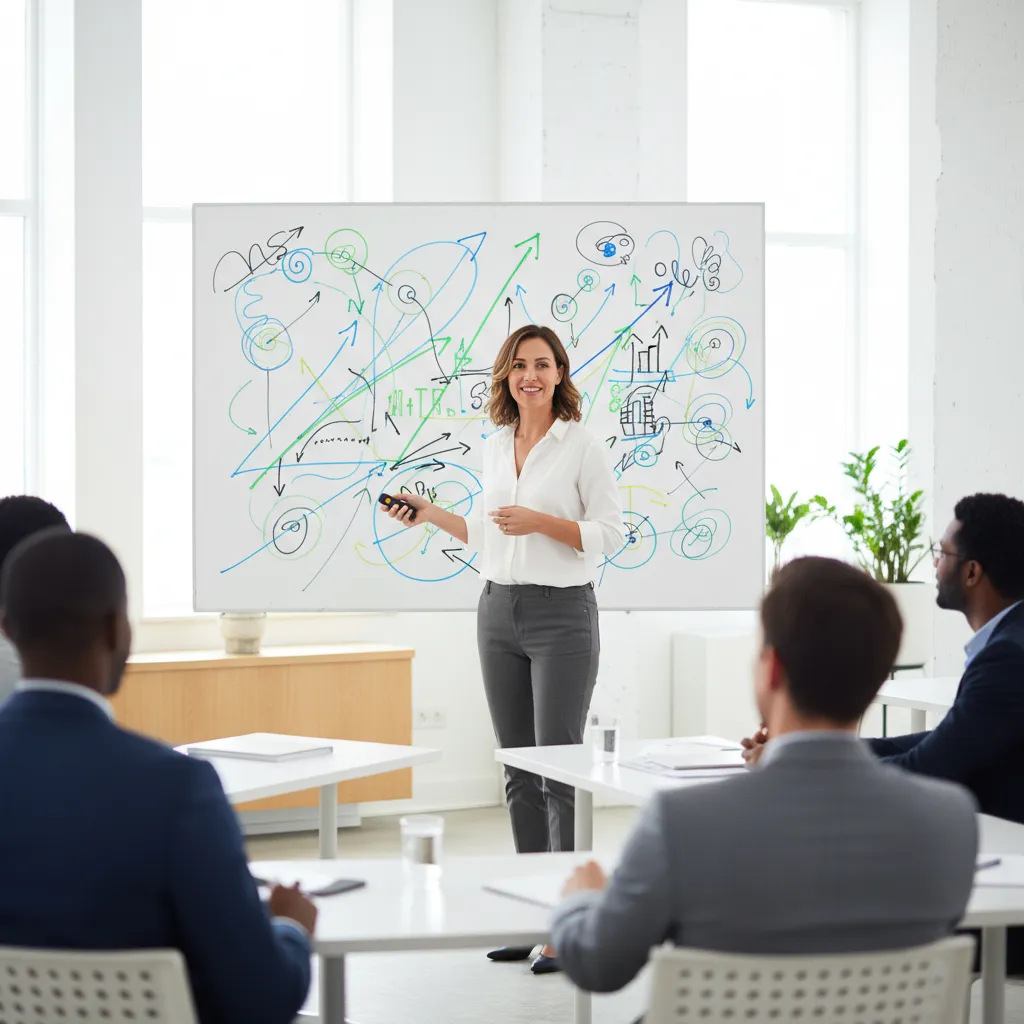 A confident woman in her early 30s, standing in front of a whiteboard filled with career growth charts and notes, smiling as she leads a workshop. The background is a bright, minimalist workspace, emphasizing focus and empowerment.