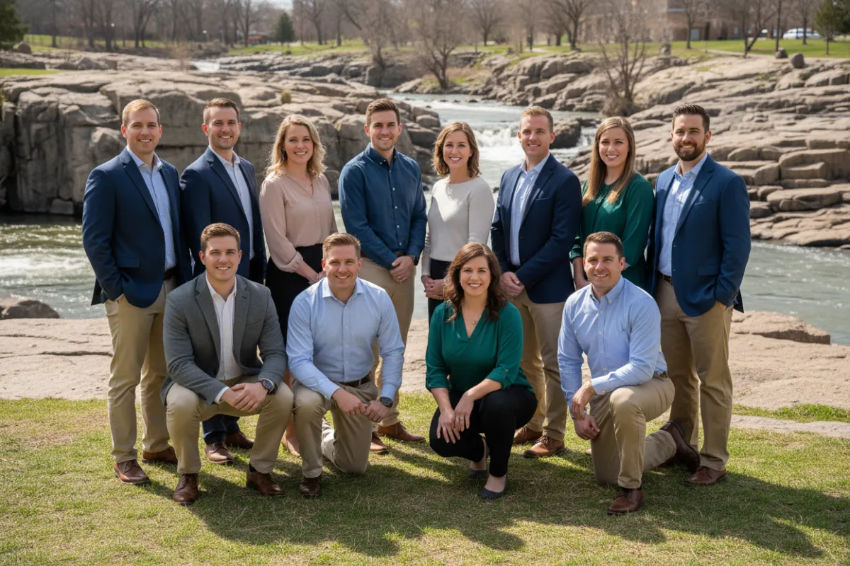 Team photo of REAL Solutions in a Sioux Falls park with exposed granite visible; team in business casual, some kneeling or squatting and others standing, all smiling professionally.