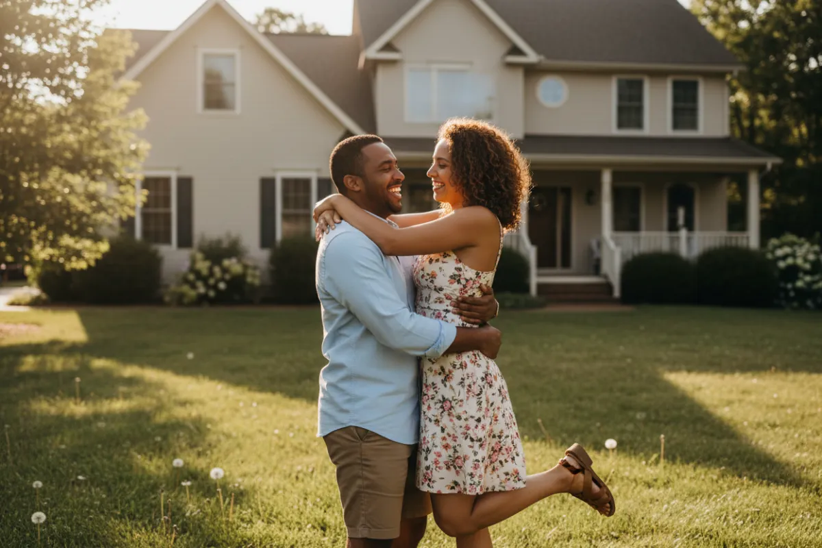 Joyful couple embracing in front of a two-story suburban home during daytime, warm natural lighting, candid moment, photorealistic, shallow depth of field