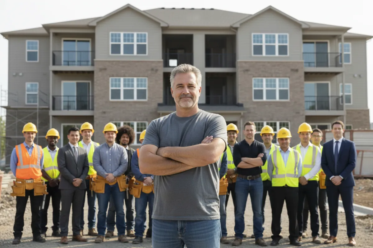 Photorealistic medium-distance photo of a middle-aged man with arms crossed and a slight smirk, standing before a diverse team and a 10-unit apartment building