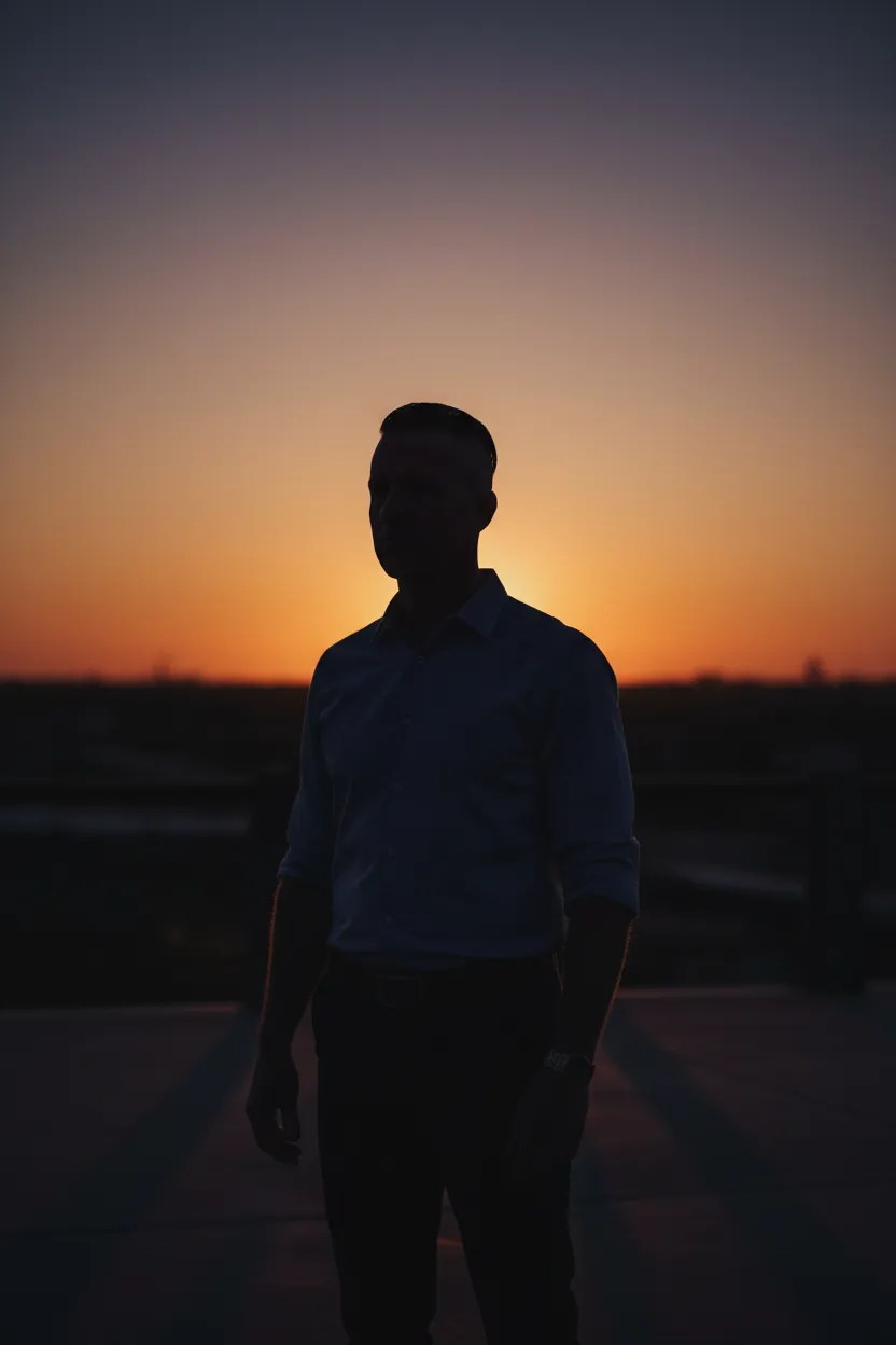 Photorealistic silhouette of Steven, late 40s, in business casual (no jacket), hair shaved on the sides and long/slicked back on top; face intentionally blurred or shadowed for added mystery while maintaining the current color palette and style