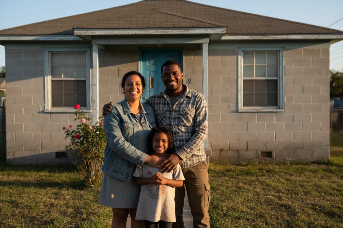 Small low-income family smiling in front of a single-story starter home; parents in a casual embrace.