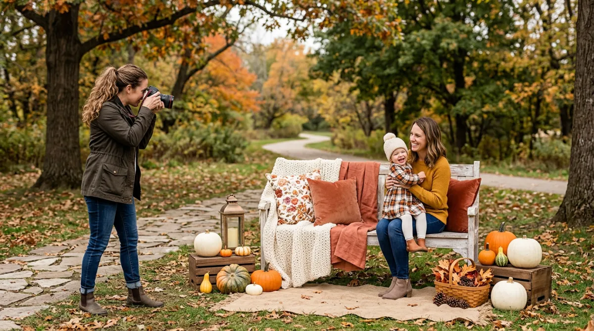 Seasonal mini photography session setup in nature