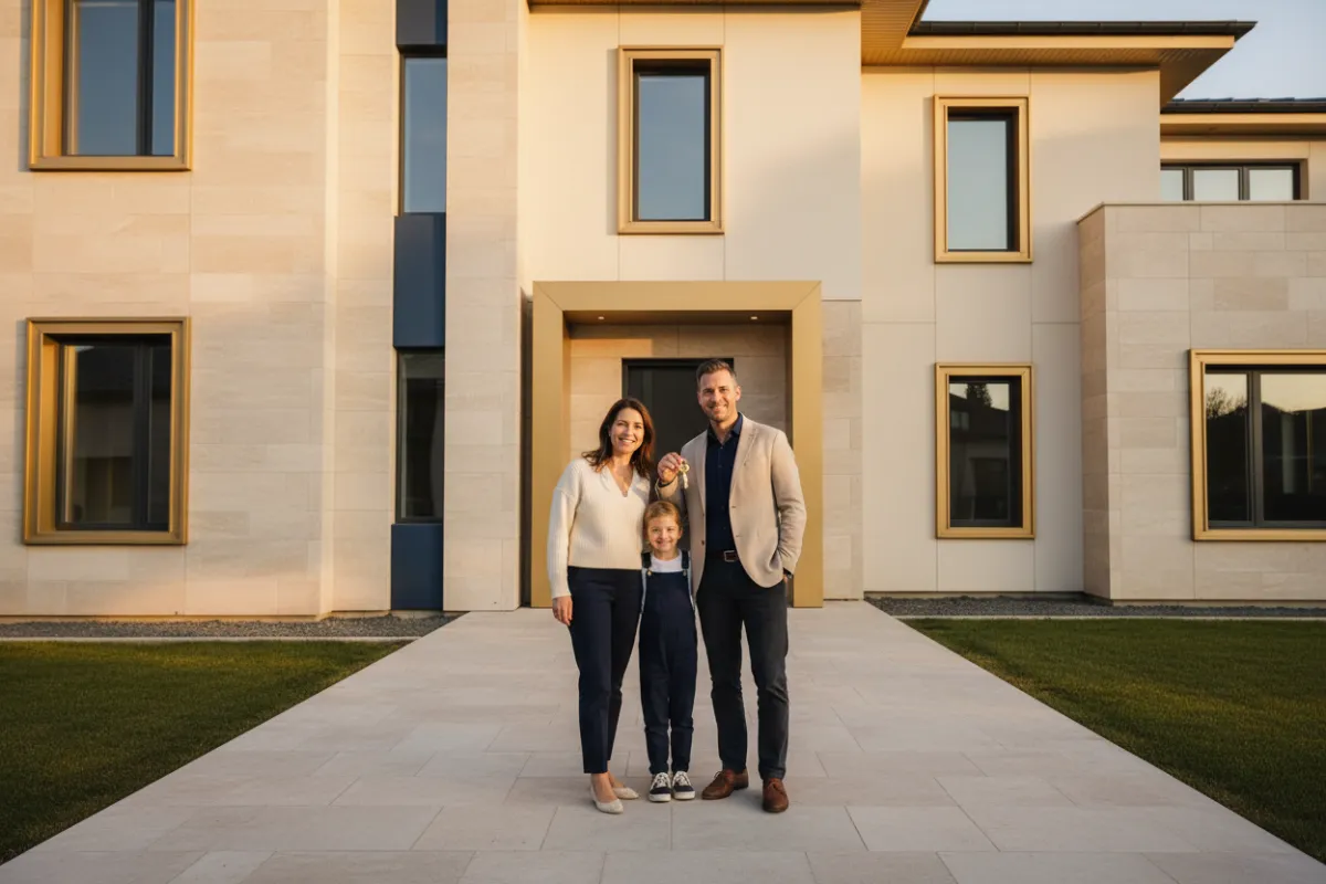 Happy family moving into a new modern home