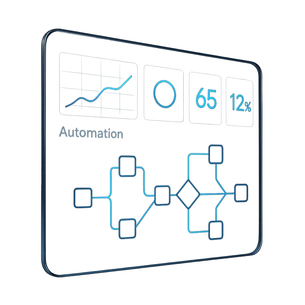 Floating glassy dashboard showing automation nodes and metrics