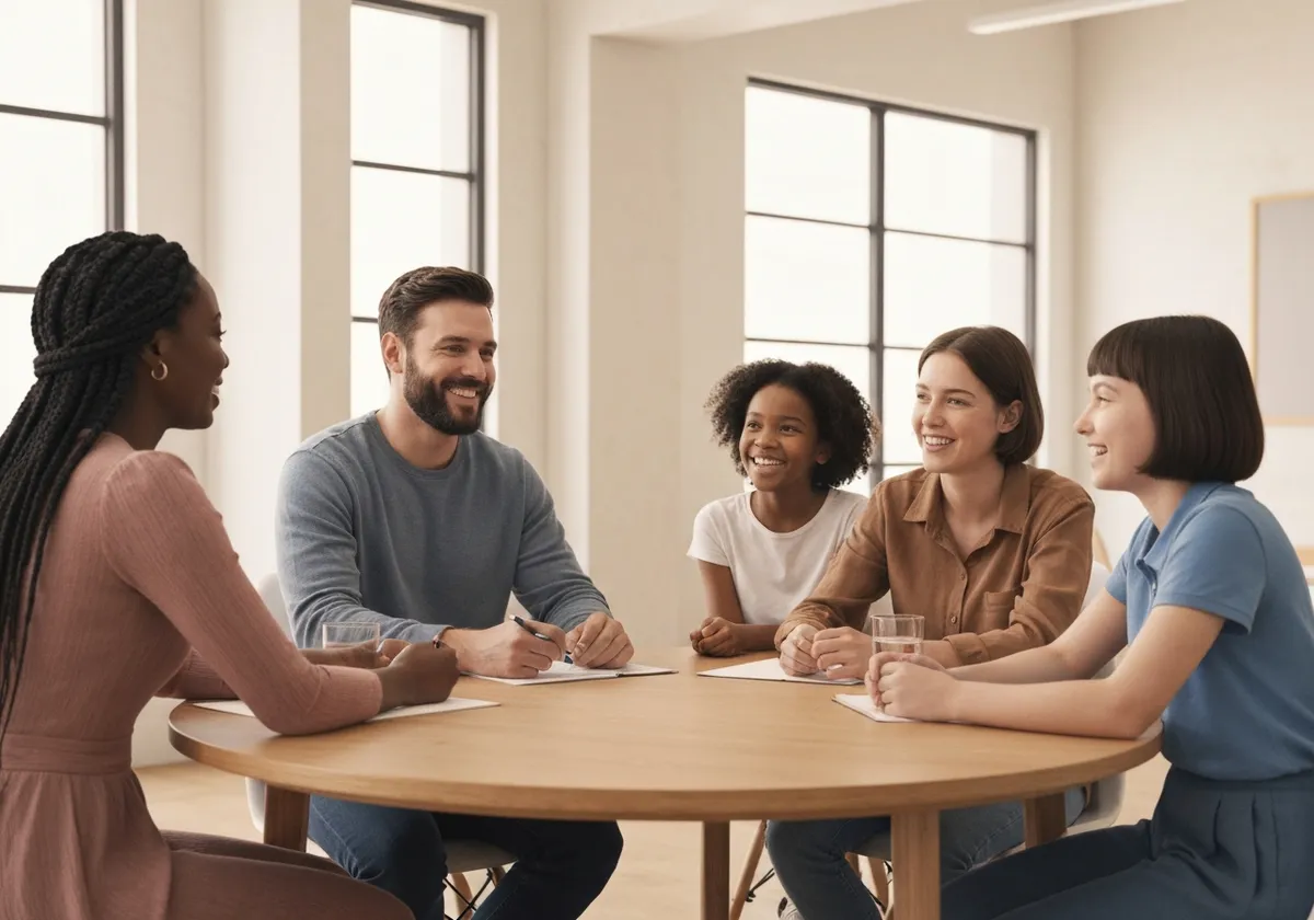A diverse group of adults and a child sitting around a circular wooden table in a brightly lit room