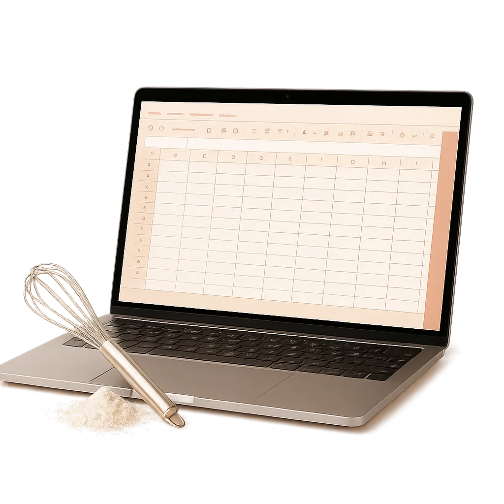 Mockup de laptop mostrando la plantilla automática de costos para reposteras